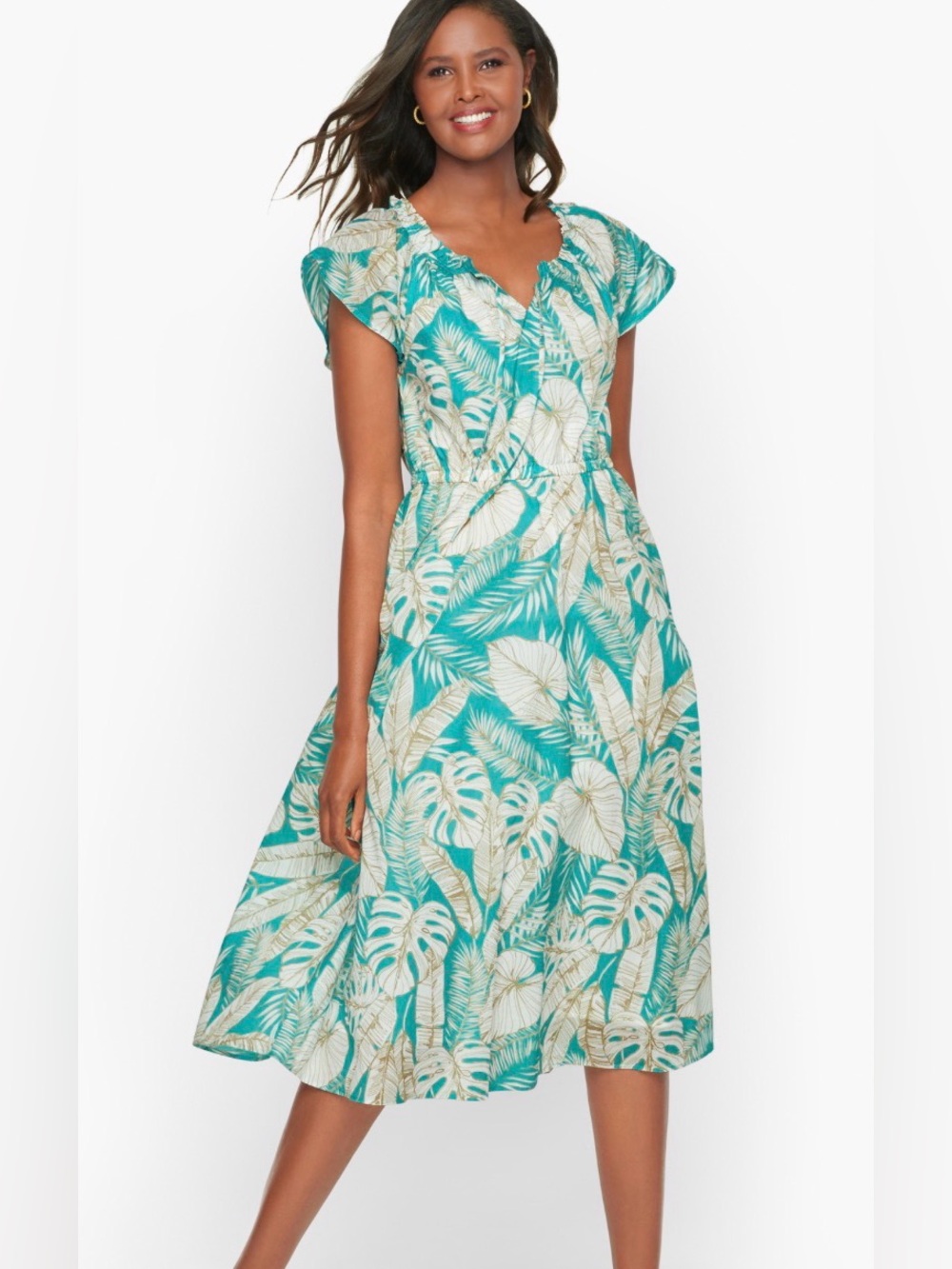 Talbots Sketched Leaves Lightweight Cotton Fit And Flare Midi Dress 14W Petite